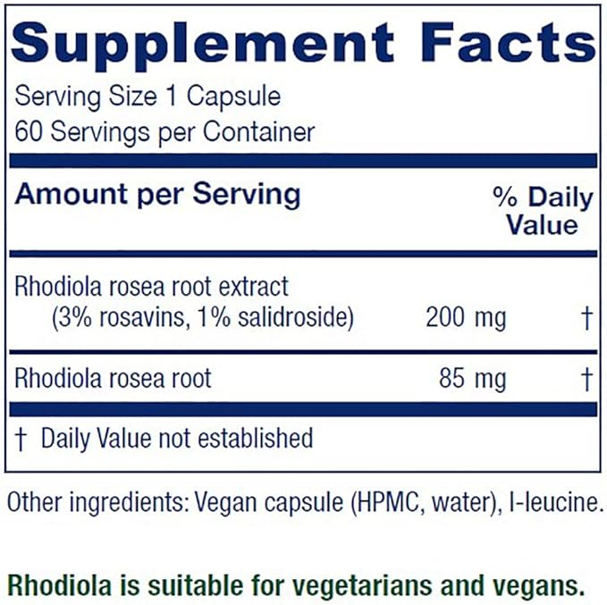 Vitanica Rhodiola Rosea Root Extract 200mg, Dr. Formulated, 3% Rosavins & 1% Salidroside, Rhodiola Root 85mg, Vegan, 60 Capsules