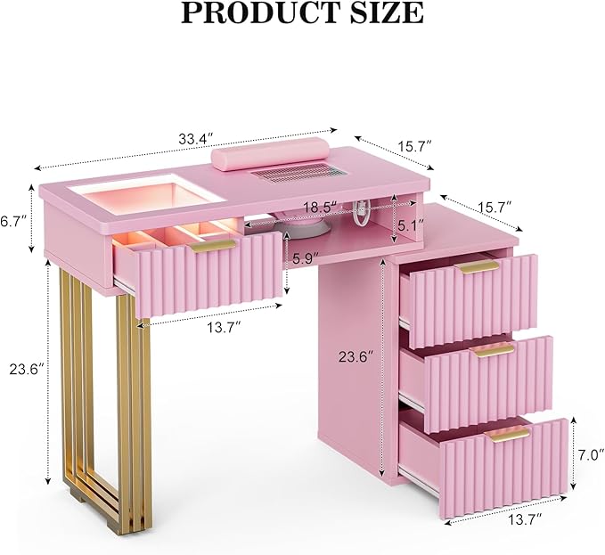 Manicure Table for Nail Tech with Dust Collector, Nail Station Desk w/4 Drawers & LED Lights, Acetone Resistant Beauty Salon Workstation w/Wrist Cushion (Pink)