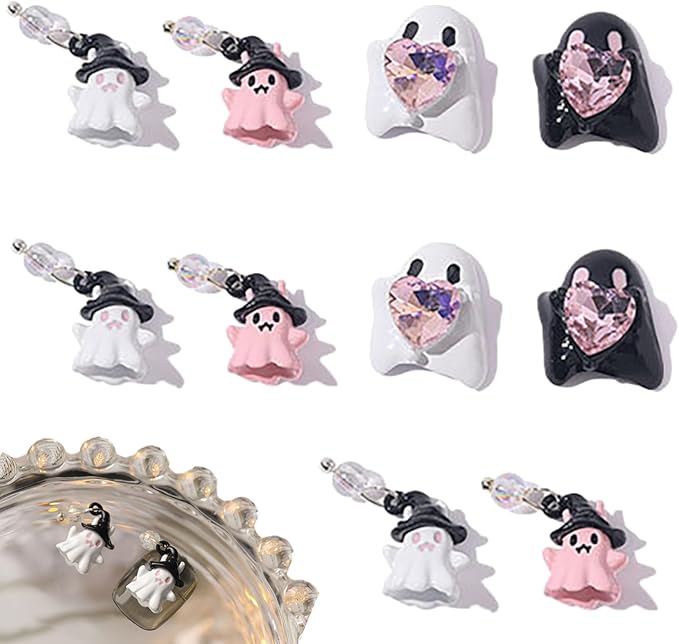 Halloween Ghost Nail Art Decals, Pink White Cute Resin Beautiful Nail Charms, Exquisite Nail Rhinestone Decals for Women Girls DIY Manicures Salon Accessories