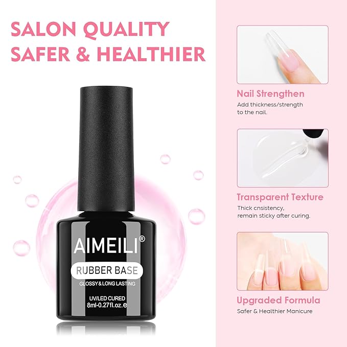 AIMEILI Rubber Base Gel Nail Polish, Hema Free, Cruelty Free, Vegan, Clear Builder Nail Gel Base Coat Soak Off Nail Art Design 8ml