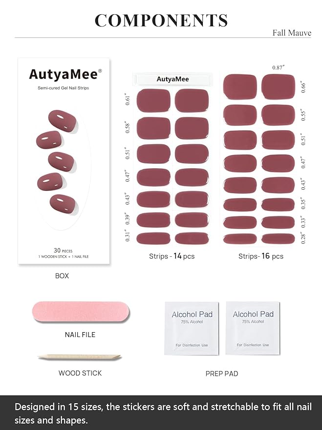 Semi Cured Gel Nail Strips (Fall Mauve), 30 Pcs Red Gel Nail Wraps, Stickers, UV Light Required