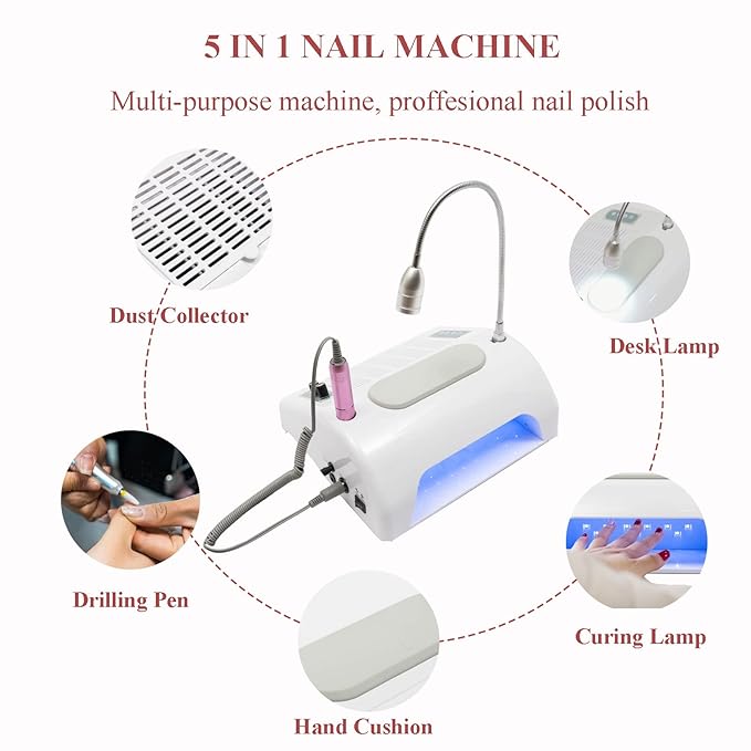 TFCFL 5 in 1 Nail Dust Collector, Professional Nail Vacuum Dust Collector + Electric Nail Drill + 96W UV Gel Nail Dryer Lamp + Hand Cushion + Desk Lamp for Salon & Home