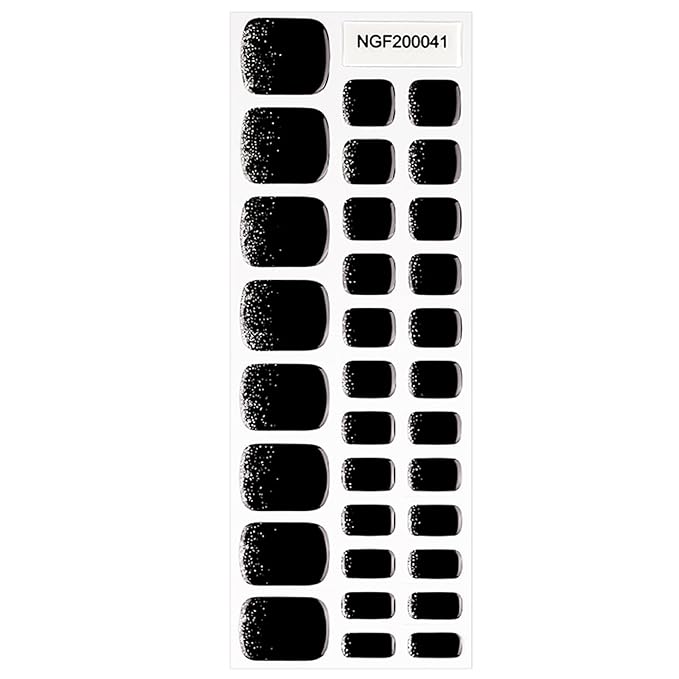 Semi Cured Gel Toenail Strips, 32 Silver Black Gel Toenail Stickers - Works with Any UV Lamps Pedicure Strips Full Nail Wraps with Nail File & Wood Stick