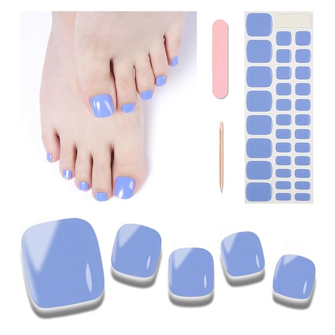Semi Cured Gel Toenail Strips, 32 Mysterious Blue Gel Toenail Stickers - Works with Any UV Lamps Pedicure Strips Full Nail Wraps with Nail File & Wood Stick