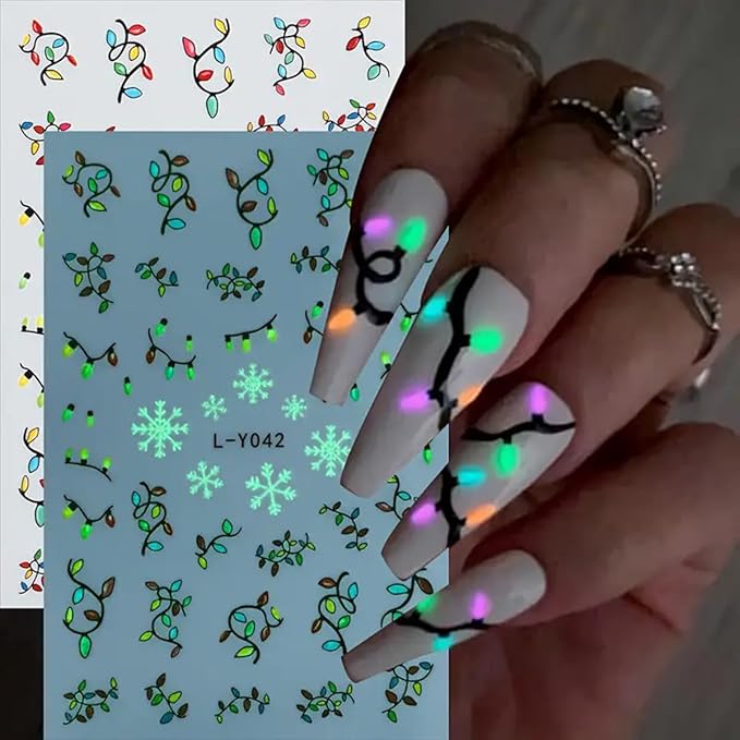 Christmas Nail Art Stickers Decals Luminous String Light Snowflake Nail Stickers 6PCS Glow in Dark Lanterns Santa Claus Xmas Tree Leaf Xmas Nail Decals Nail Art Supplies for Women Nail Decorations