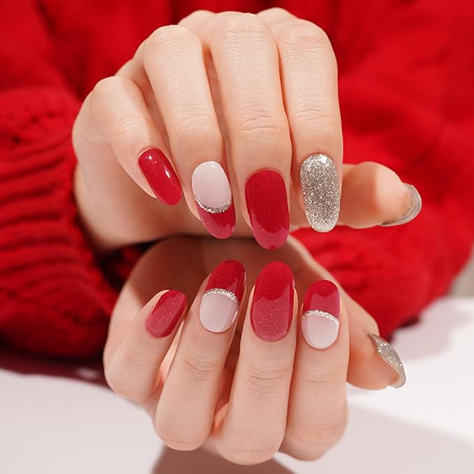 Semi Cured Gel Nail Strips, 20pcs Glittery Red Gold Gel Nail Stickers - Works with Any UV Lamps, Long Lasting Full Wraps, Easy to Apply and Remove