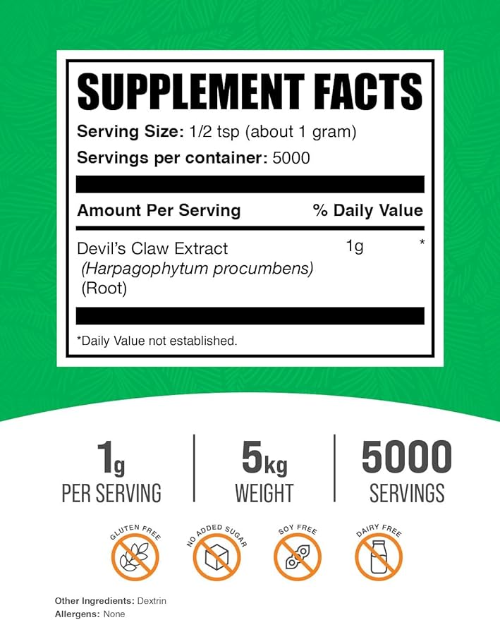 BulkSupplements.com Devil's Claw Extract Powder - Devils Claw Herbal Supplement, Devil's Claw Powder - from Devils Claw Root, Gluten Free, 1000mg per Serving, 5kg (11 lbs) (Pack of 5)