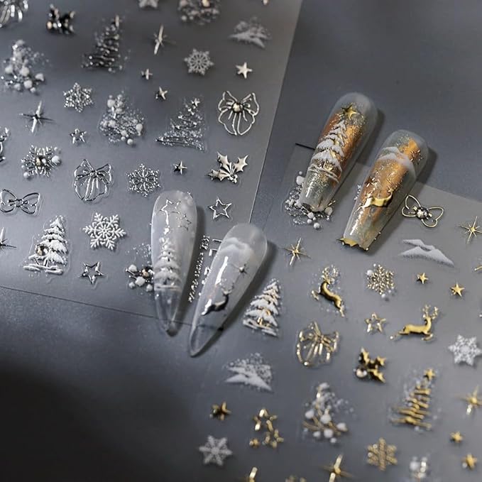 Christmas Nail Art Stickers 5D Embossed Christmas Nail Decals with Rhinestone 1PCS Silver Deer Xmas Tree Snowflake Xmas Nails Design Manicure Sticker Accessories for Women Holiday DIY Nail Decorations