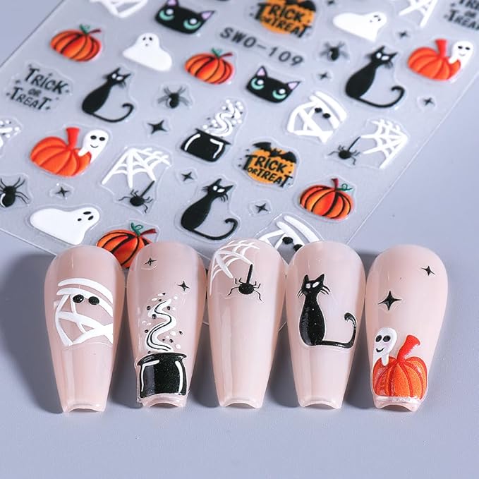 Halloween Nail Art Stickers Decals 3D Cute Ghost Black Cat Halloween Nail Stickers 4PCS Pumpkin Spider Web Skeleton Flower 3D Embossed Nail Decals Manicure Sliders for Women Nail Art Decorations