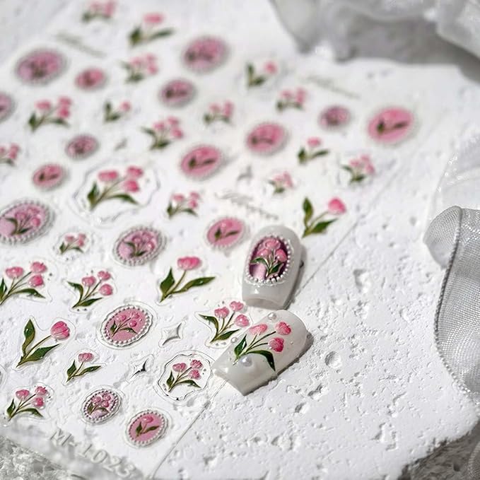 1Pcs Tulip Nail Art Stickers 5D Embossed Flower Nails Decals Silver Hot Stamping Irregular Geometric Frames Design Pink Flower Nail Stickers Self Adhesive Floral Nails Supplies for Women Manicure