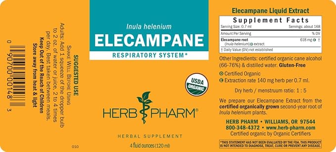 Herb Pharm Certified Organic Elecampane Liquid Extract for Respiratory System Support - 4 Ounce