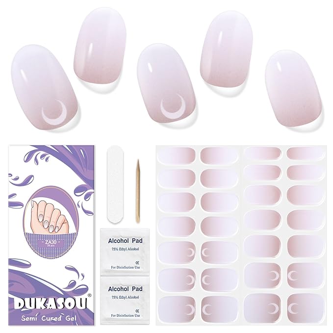 Semi Cured Gel Nail Strips, 28 pcs Gel Nail Stickers Work with Any UV Lights, Long-Lasting Nail Wraps, Stick on Nails for women Easy to Apply & Remove