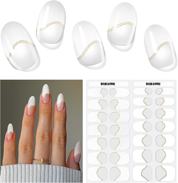 Semi Cured Gel Nail Strips, 28 pcs Gel Nails Stickers for Women Work with Any UV Lamp, Long Lasting Nail Wraps for Home DIY Nails Art (Gilded French)