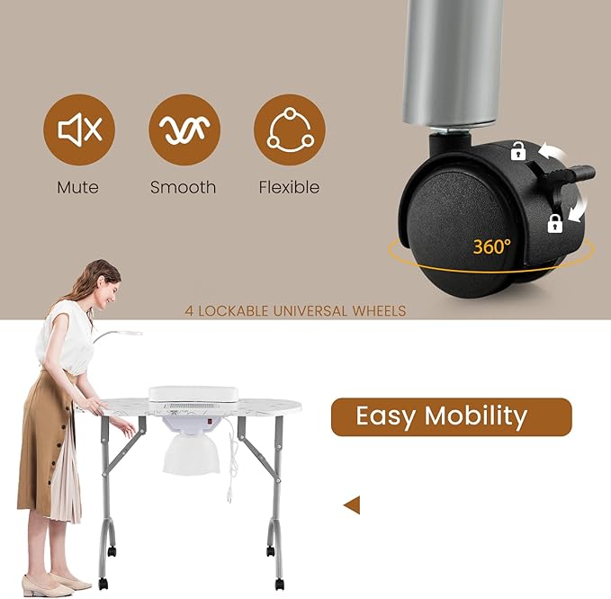 WELLHUT Nail Table All-in-One Manicure Desk w/Electric Dust Collector, LED Nail Lamp, Carry Bag & Wrist Cushion, Mobile Nail Desks w/Universal Mute Wheels for Manicurists Home Spa Beauty Salon