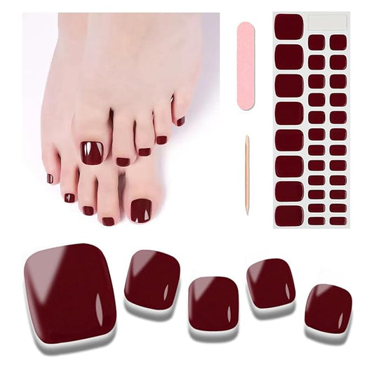 Semi Cured Gel Toenail Strips, 32 Burgundy Gel Toenail Stickers - Works with Any UV Lamps Pedicure Strips Full Nail Wraps with Nail File & Wood Stick