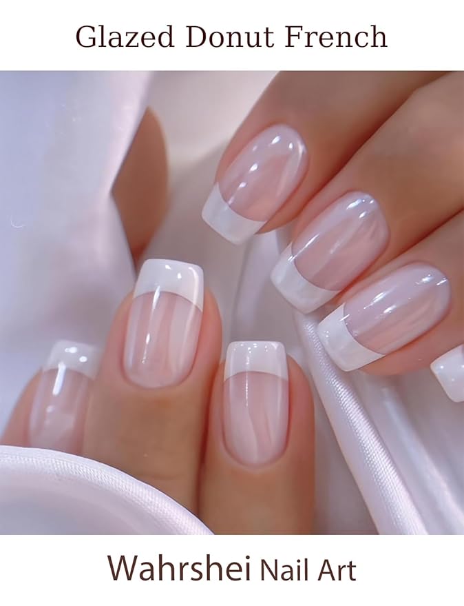 Semi Cured Gel Nail Strips, 20pcs Glazed French Gel Nail Stickers for Home Nails DIY
