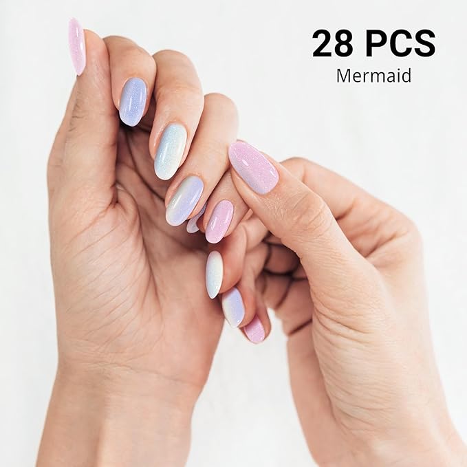 Semi Cured Gel Nail Strips, Mermaid | 28 pcs Gel Nail Strips Work with Any UV Lamp, Salon Quality UV Nails Stickers, Easy to Apply for Home Nails DIY