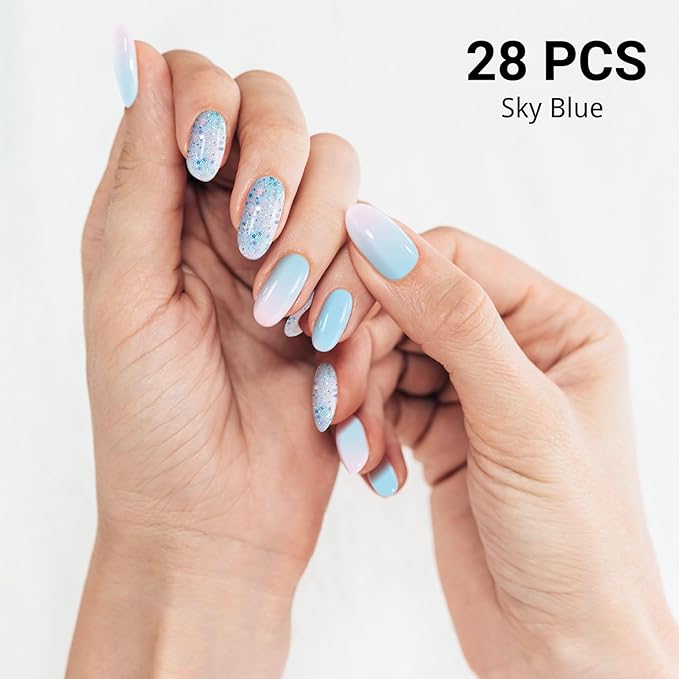 Semi Cured Gel Nail Strips, Summer Blue | 28 pcs Gel Nail Strips Work with Any UV Lamp, Salon Quality UV Nails Stickers, Easy to Apply for Home Nails DIY