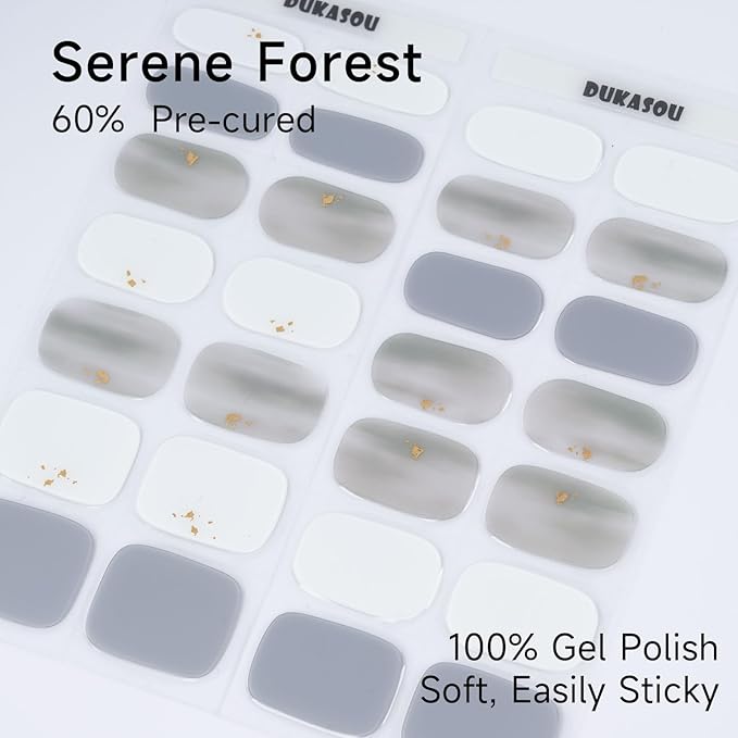 Semi Cured Gel Nail Strips | 28 pcs Gel Nails Strips for Women Work with Any UV Lamp, UV Nail Stickers for Women Home DIY Nails Art (Serene Forest)