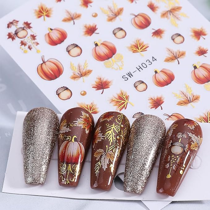 Fall Nail Art Stickers Autumn Leaf Pumpkin Nail Decals 3D Self-Adhesive Nail Art Supplies 6PCS Maple Leaves Pumpkin Nails Design Fall Stickers for Nails Women DIY Manicure Decorations Accessories