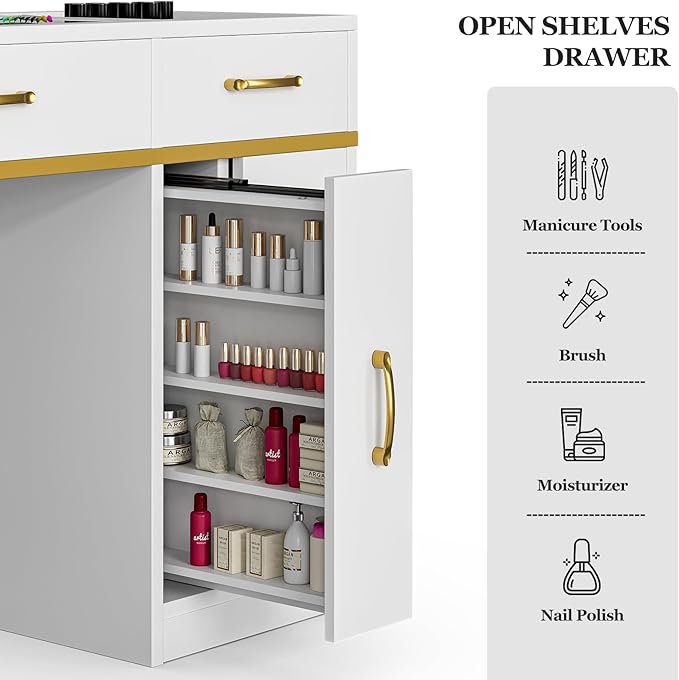 Nail Tech Table with Dust Collector, Glass Top Manicure Table Nail Desk Station w/7 Drawers & 3-Tiers Open Shelves, Nail Beauty Workstation w/Wrist Cushion & Acrylic Display Rack（White）