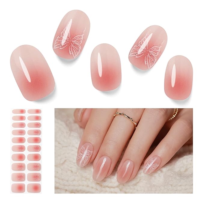 Semi Cured Gel Nail Strips, 20 PCS Gel Nail Stickers Work with UV Light, Salon Quality & Easy to Use - Pink Lady