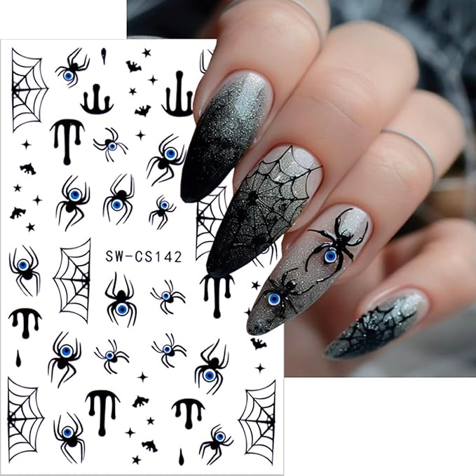 Halloween Nail Stickers Self-Adhesive Cute Spider Web and Spider Designs Nail Art Supplies Spiders Nail Decals Holiday Salon Manicure Decoration for Women DIY Nails Supplies