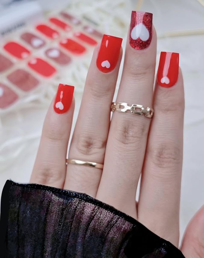 Semi Cured Gel Nail Strips, Heart Signal | 28 pcs Gel Nail Strips Work with Any UV Lamp, Salon Quality UV Nails Stickers, Easy to Apply for Home Nails DIY