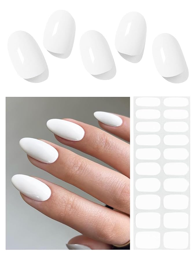 Semi Cured Gel Nail Strips (White), 20 Pcs Gel Nail Wraps, Stickers, UV Light Required, Salon Quality, Long Lasting