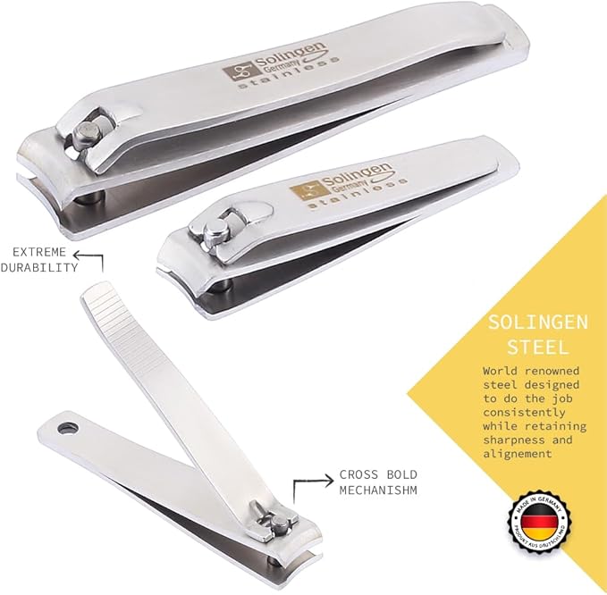 Solingen Germany Nail Clippers | 2 Pcs Stainless Steel Sharp Toenail & Fingernail Cutters | Premium Manicure & Pedicure Tools for Men & Women