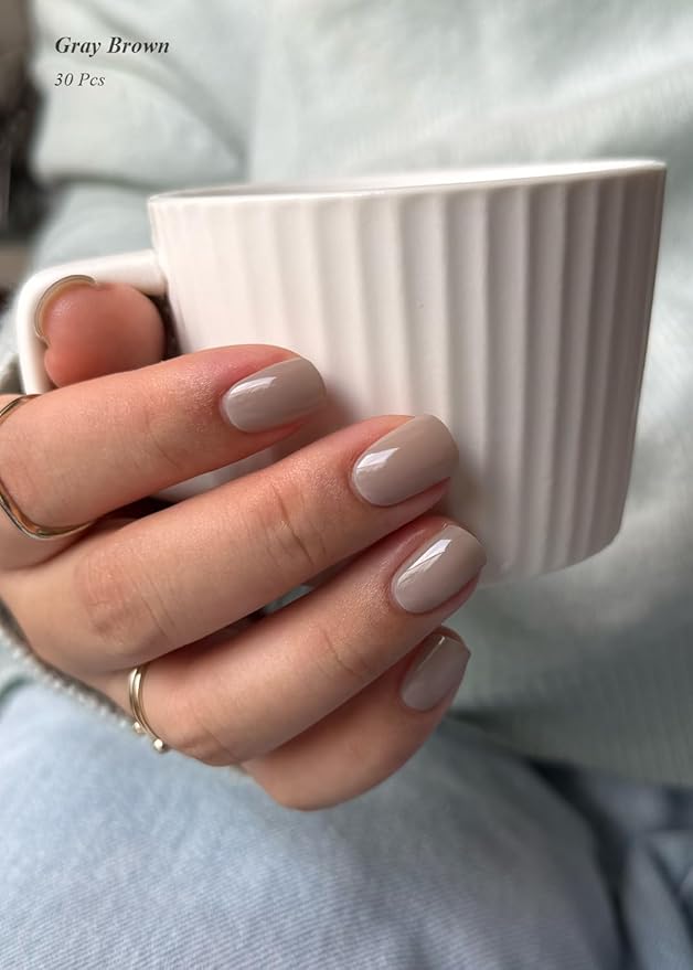 Semi Cured Gel Nail Strips (Gray Brown), Pearl Glazed, 30 Pcs Gel Nail Wraps, Stickers, UV Light Required