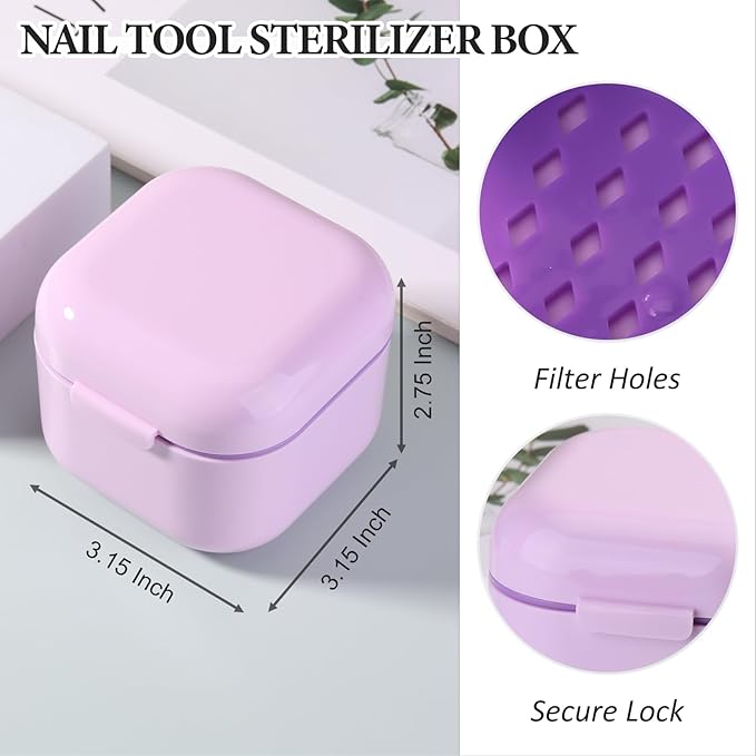 1Pc Plastic Nail Tool Sterilizer Box Nail Drill Bits Cleaning Box Polishing Tools Soaking Tray Manicure Pedicure Storage Container Case - Purple (Purple, 3.15“x3.15“x2.75“)