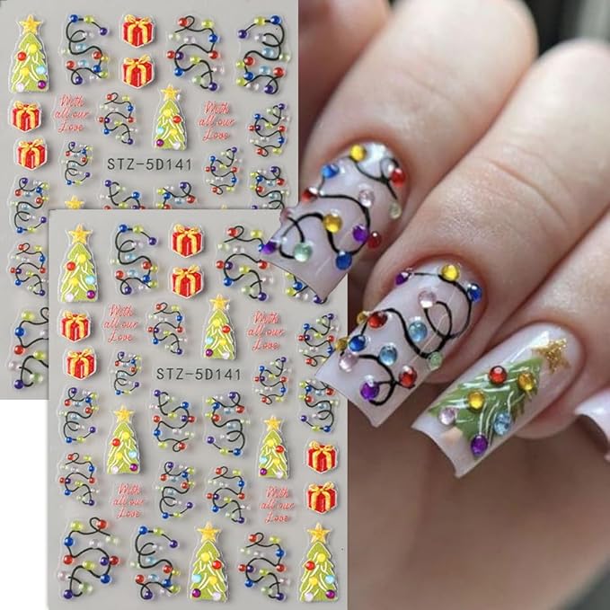 Christmas Nail Stickers 5D Embossed Nail Decals DIY Self Adhesive Nail Design Sticker Christmas Tree Nail Decoration Supplies Holiday Manicure Accessories for Women Girls 3Pcs