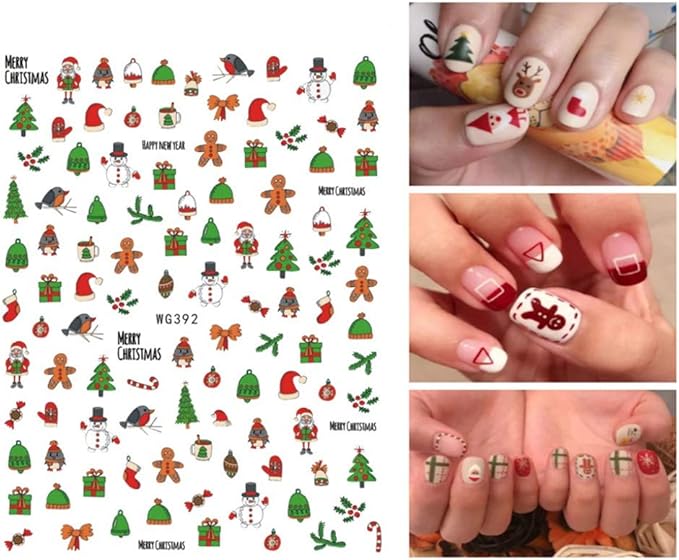 6 Sheets Christmas Nail Art Stickers 3D Snowflake Self-Adhesive Nail Decals Tree Bell Santa Claus Elk Sock Designs Sticker Xmas Winter Nails Supplies for Fingernails & toenail Charms Nail Art Decor