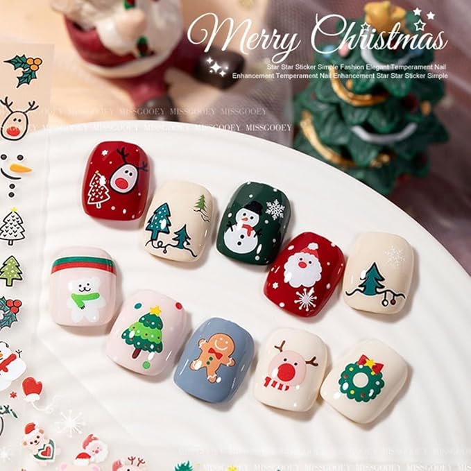 30 Sheets Christmas Nail Art Stickers 3D Self- Adhesive Snowflake Nail Charms Decals White Red Christmas Nail Decorations Accessories Supplies