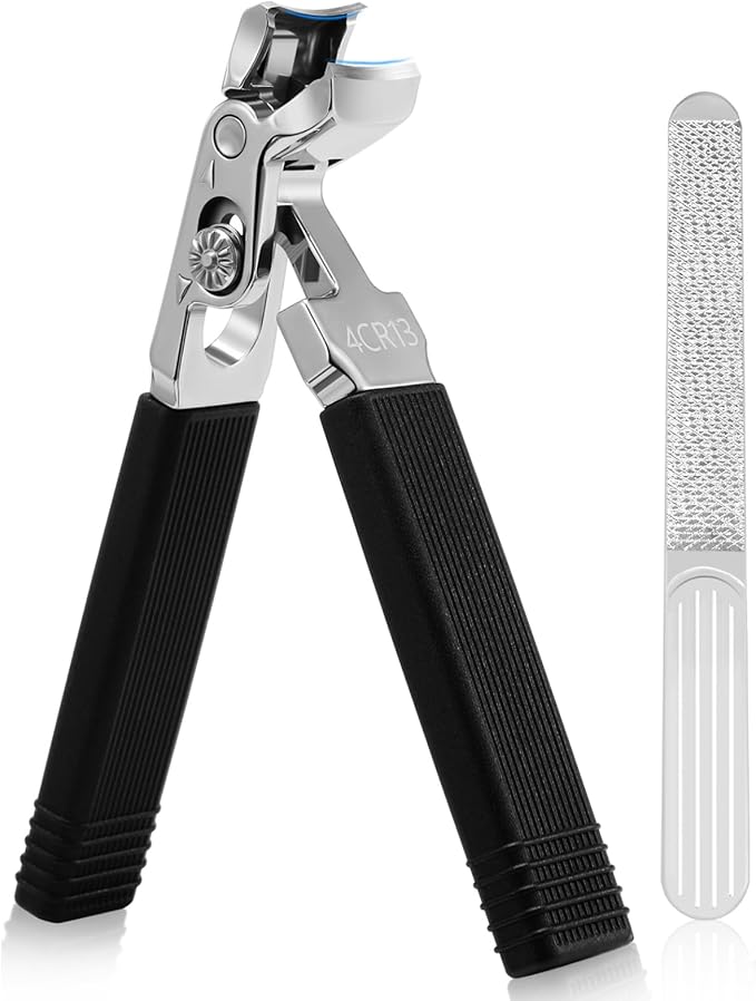 Angled Head Toe Nail Clippers for Seniors, Long Handle, Heavy Duty Ingrown Toenail Clipper Set (Black 2-in-1 Set)