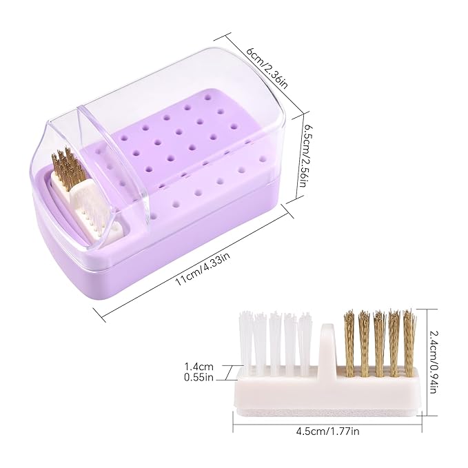 2 in 1 Nail Drill Bit Holder & Nail Drill Bit Cleaner Brush Case 30 Holes Dustproof Nail Drill Bit Display Stand Organizer Box Manicure Drill Bits Cleaning Brush Bits Storage Tool, Grey