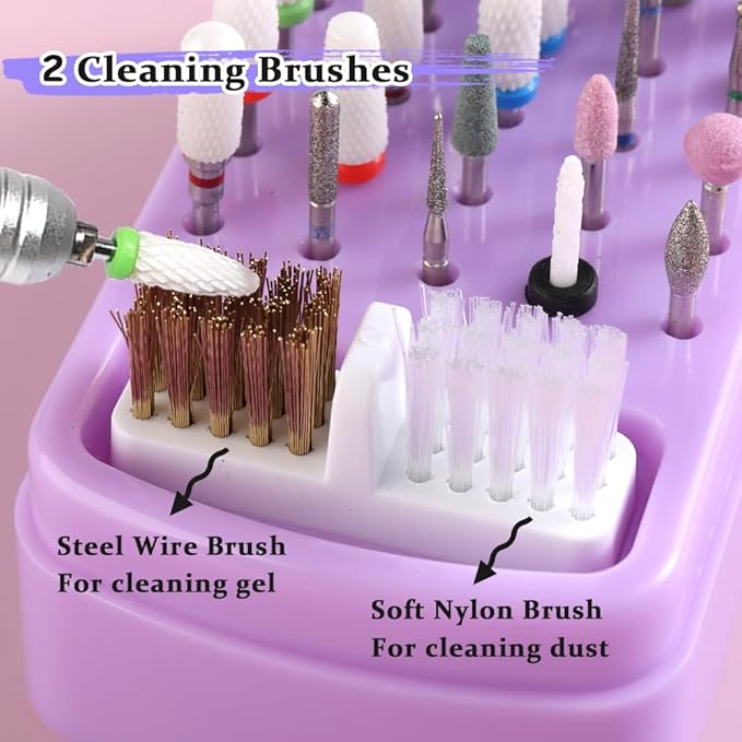 2 in 1 Nail Drill Bit Holder & Cleaner Brush Case, 30 Holes Dustproof Stand Display Storage Box with Steel Wire & Nylon Double Brush for Cleaning Tungsten Carbide Ceramic Nail Drill Bits Cuticle