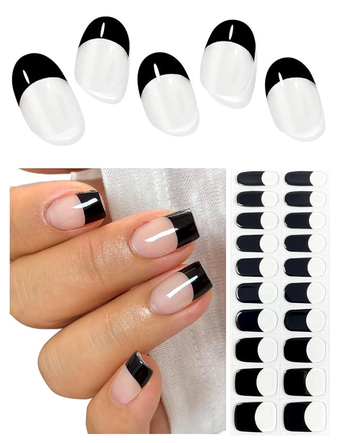 Semi Cured Gel Nail Strips (Black French), 20 Pcs Gel Nail Wraps, Stickers, UV Light Required, Salon Quality, Long Lasting