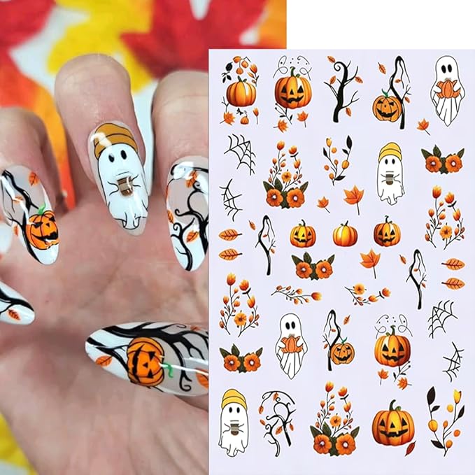 Halloween Nail Stickers Cat Ghost Skull Nail Art Stickers Spider Web Nail Decals DIY Self Adhesive Cute Cartoon Pumpkin Butterfly Design Sticker Nail Decoration for Women Manicure Accessories 6Pcs