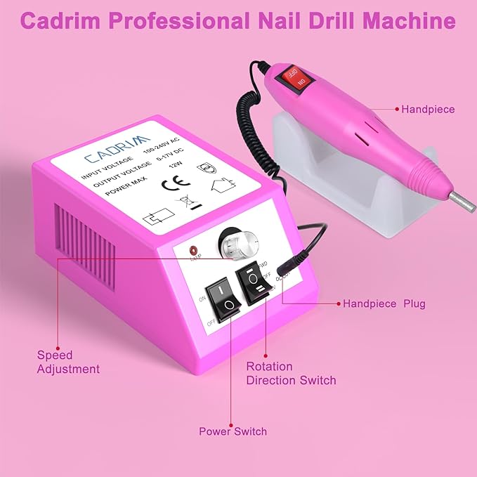 Cadrim 20000RPM Electric Nail Drill Machine Professional Electric Nail File Manicure Pedicure Nail Drill Kit with 156pcs Sanding Bands Remover Polisher Gel Acrylic Nails for Salon Home, Pink