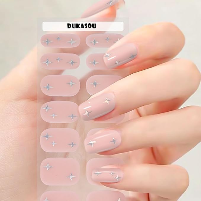 Semi Cured Gel Nail Strips | 4th of July Gel Nails Strips for Women Work with Any UV Lamp, Star Nail Stickers for Women Home DIY Nails Art (Aurora Star)