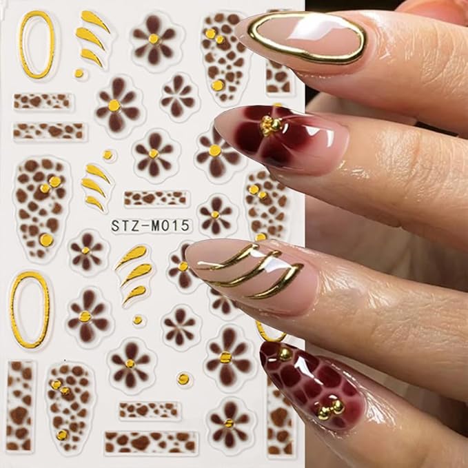 Flower Nail Art Stickers Decals French Tip Flower Nail Decals 4PCS Brown Wine Red Blue Flowers Petals Golden Circle Polka Dot Design Nails Adhesive Stickers for Women Fall Winter Nail Art Decorations