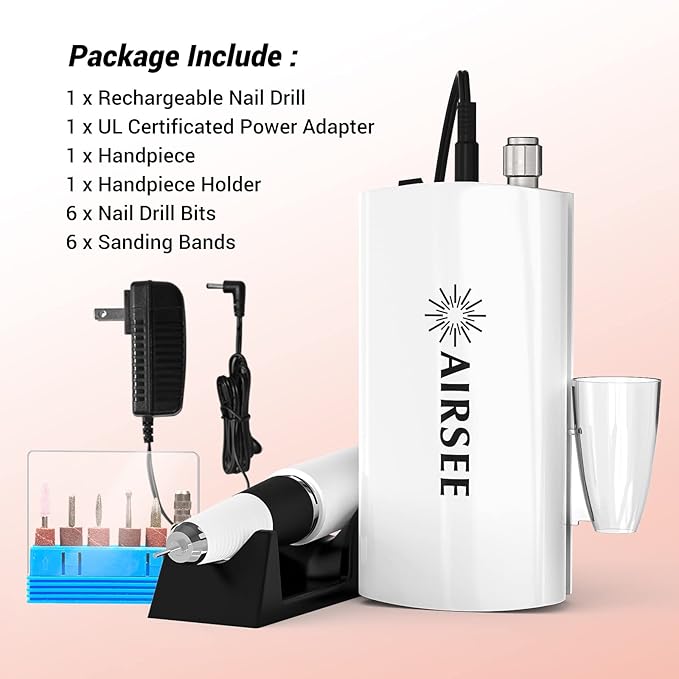 AIRSEE Professional Rechargeable 30000 RPM Nail Drill Machine Portable Efile Electric Nail File Wireless Manicure Pedicure Set Acrylic Gel Nail Grinder Tools with 6 Bits and Sanding Bands E6 White