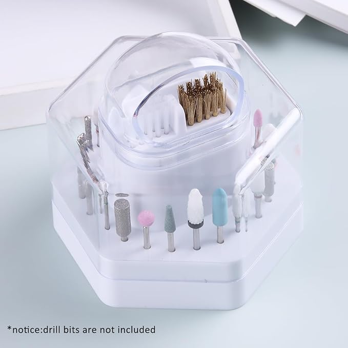 2 in1 Nail Drill Bit Holder and Nail Drill Bits Cleaner Brush Case, 24 Holes White Nail Drill Bit Holder Stand Display Organizer Dust Proof Storage Container Box Case Nail Tech Supplies