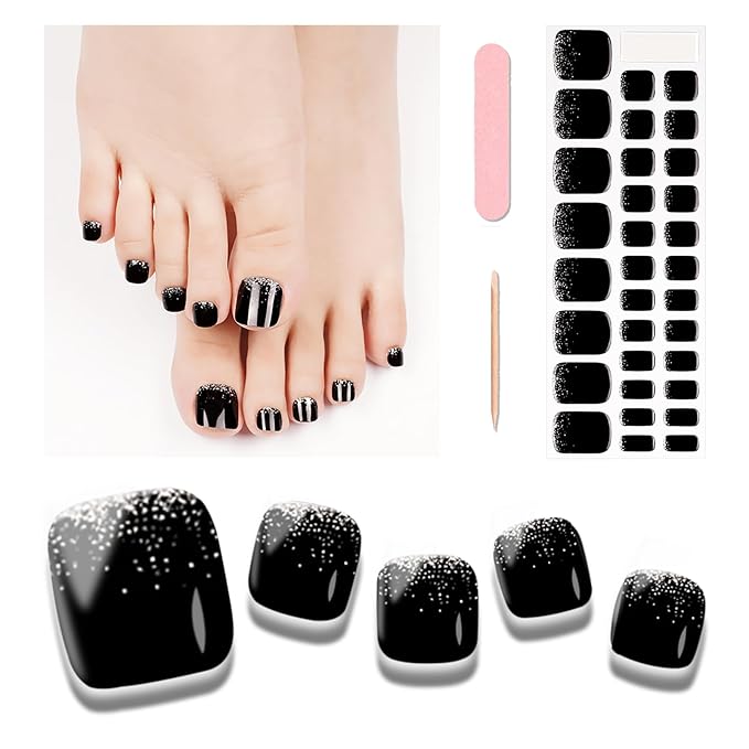 Semi Cured Gel Toenail Strips, 32 Silver Black Gel Toenail Stickers - Works with Any UV Lamps Pedicure Strips Full Nail Wraps with Nail File & Wood Stick