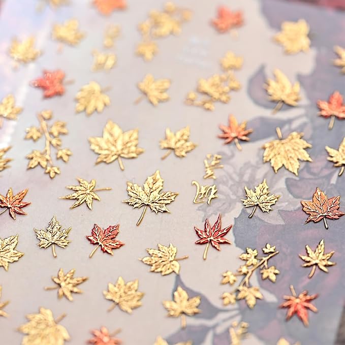 5D Embossed Fall Nails Art Stickers Autumn Maple Leaves Nail Decals Self Adhesive Glitter Gold Maple Leaf Nails Design Sticker Thanksgiving Nail Stickers for Women Manicure Decor Accessories 1PCS