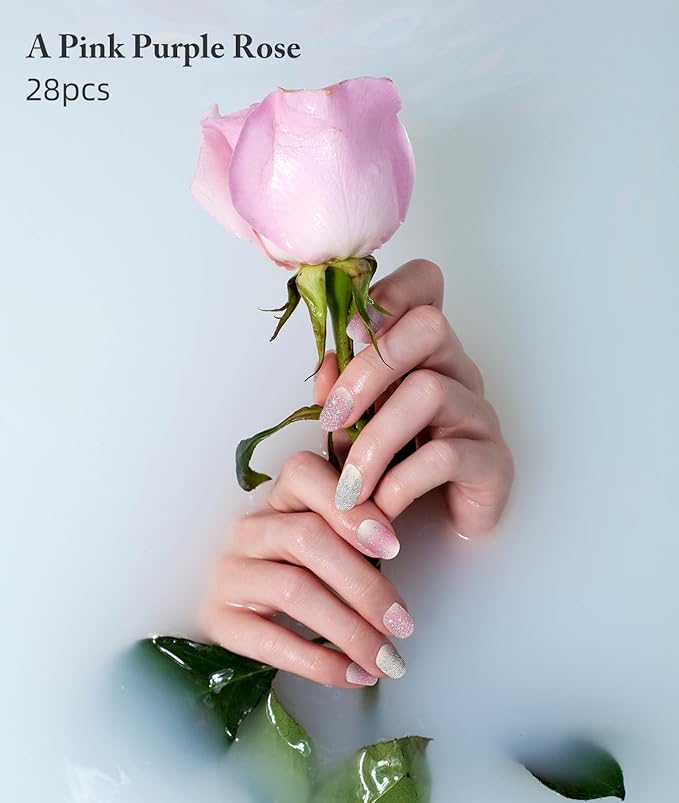Semi Cured Gel Nail Strips, 28 pcs UV Gel Nail Stickers Full Nails Wraps for Women Home DIY Nails Art, UV Light Required(Pink Purple Rose)