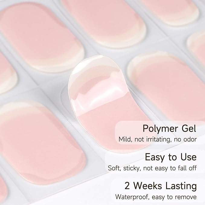 Semi Cured Gel Nail Strips, 28 pcs UV Gel Nail Stickers Full Nails Wraps for Women Home DIY Nails Art, UV Light Required(Pink French)