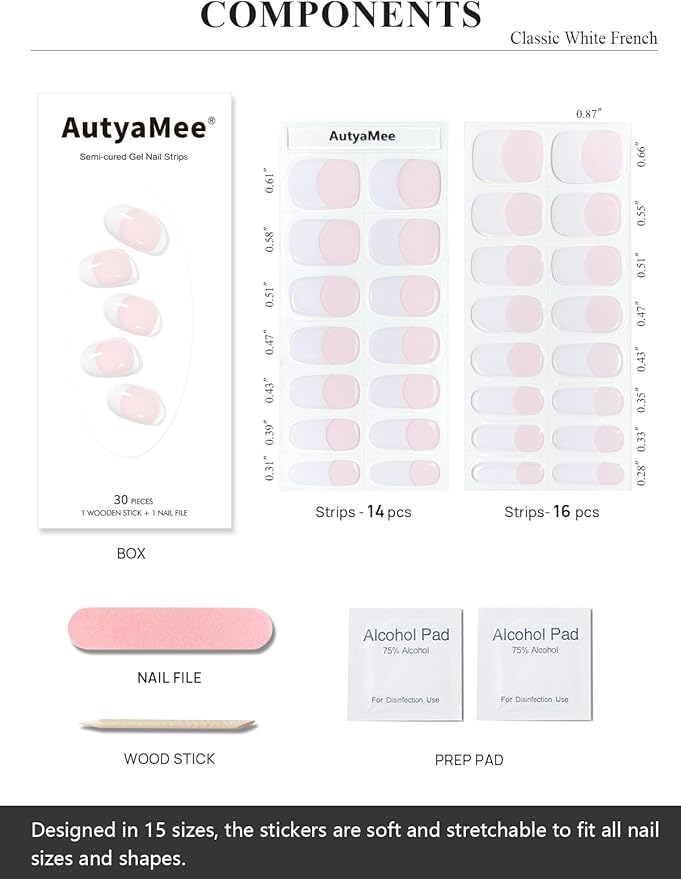 Semi Cured Gel Nail Strips (Classic White French), 30 Pcs Gel Nail Wraps, Stickers, UV Light Required